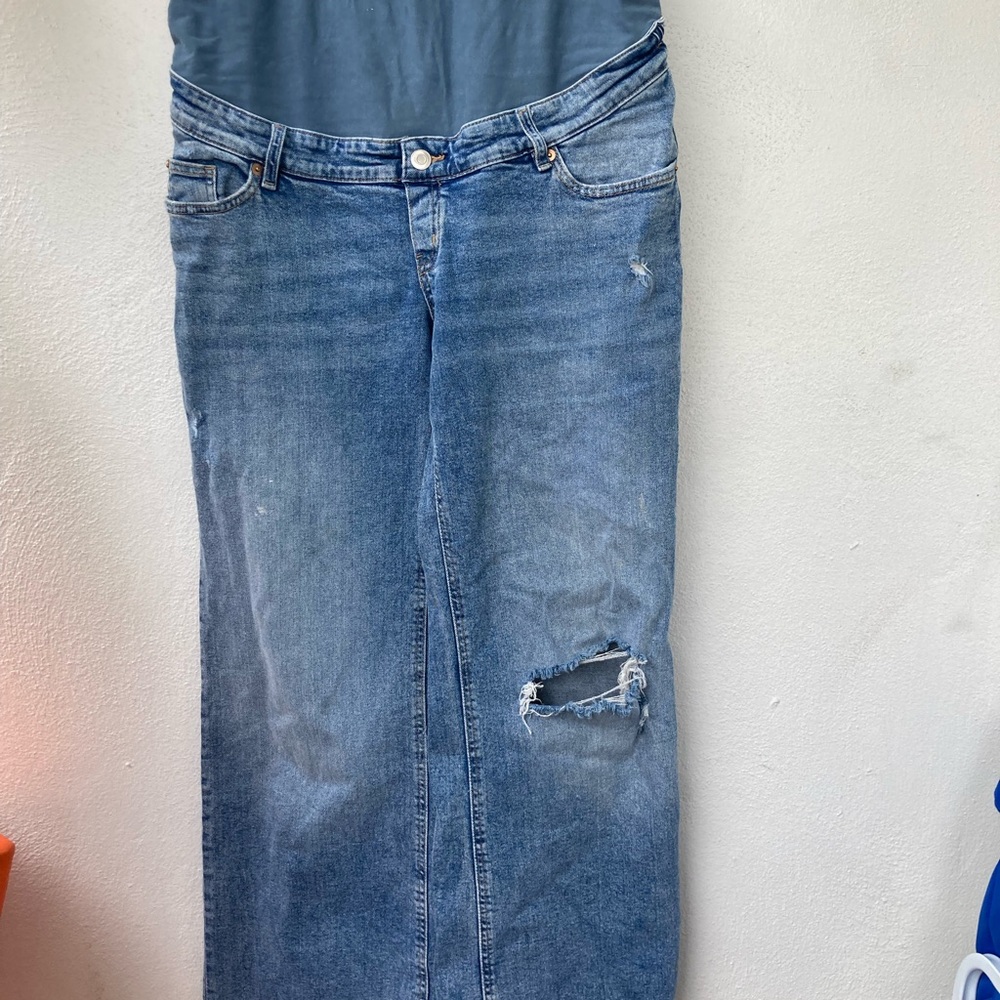 Blue Flare Wide Leg Jeans with Distressed Details